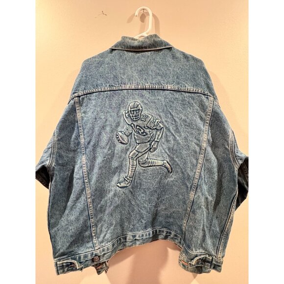 Vintage Denim Jean Jacket Coat Embossed Football Player Graphic X-Large Made USA - Picture 3 of 13